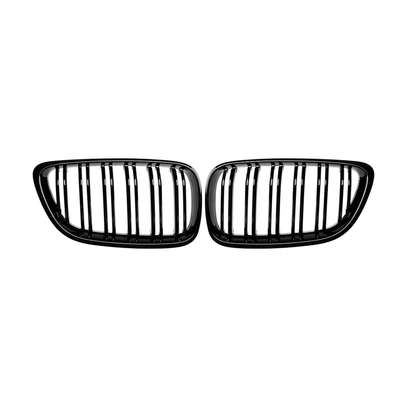 Gloss black double slat kidney grille pair, front view, for BMW 2 Series F22 F23 F87 M2 (2014-2018)