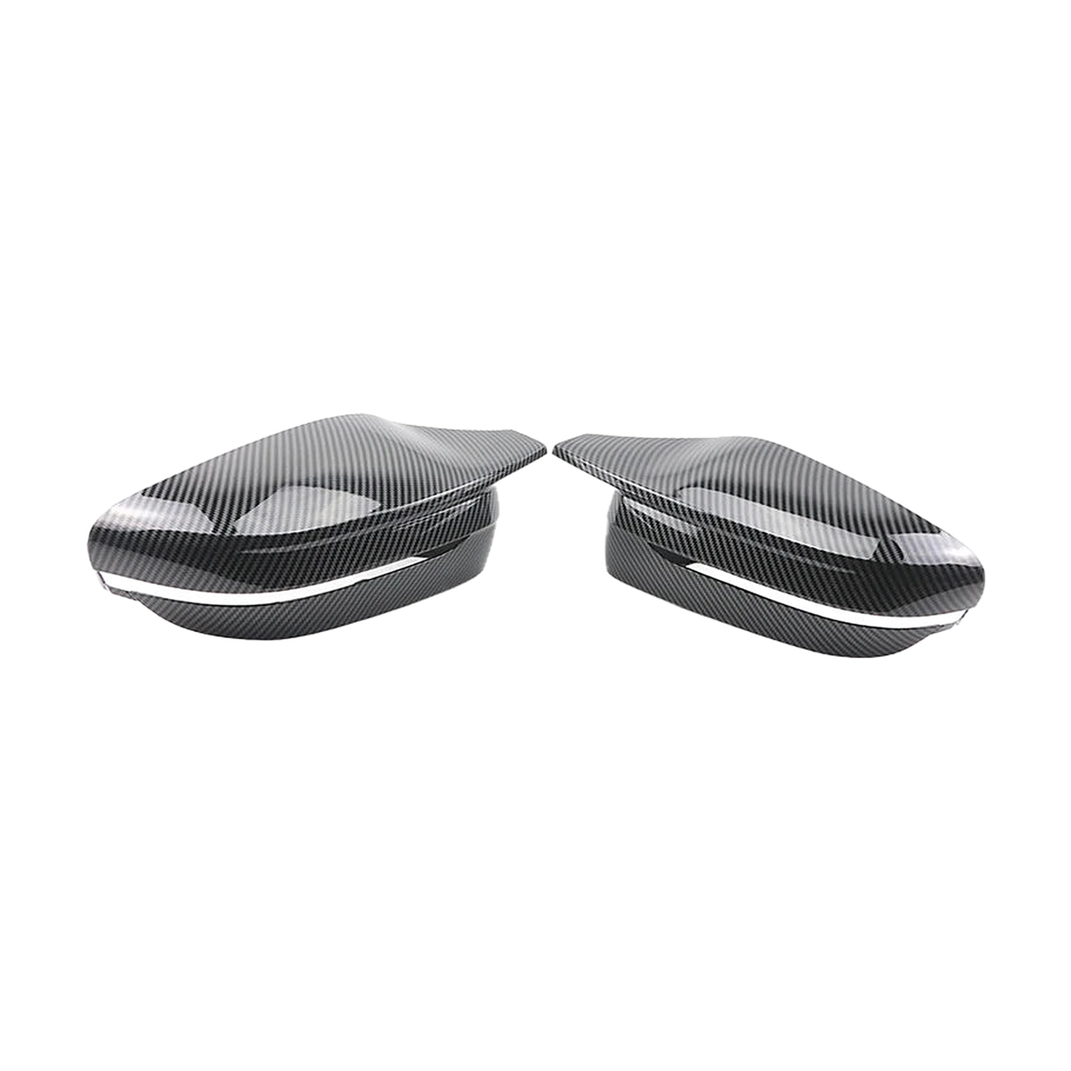 Carbon fiber look mirror caps pair, left hand drive version, front view, for BMW G20 / G22 / G30 / G11