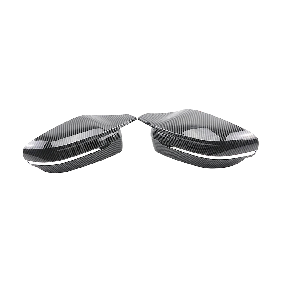 Carbon fiber look mirror caps pair, right hand drive version, front view, for BMW G20 / G22 / G30 / G11