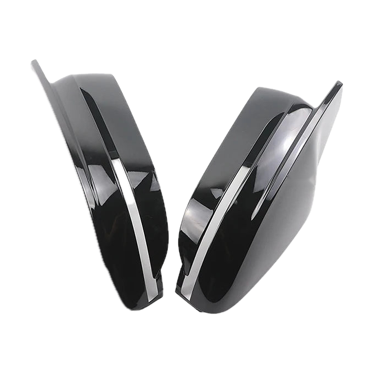 Gloss black mirror caps pair standing upright, outer side with silver accent line, for BMW G20 / G22 / G30 / G11