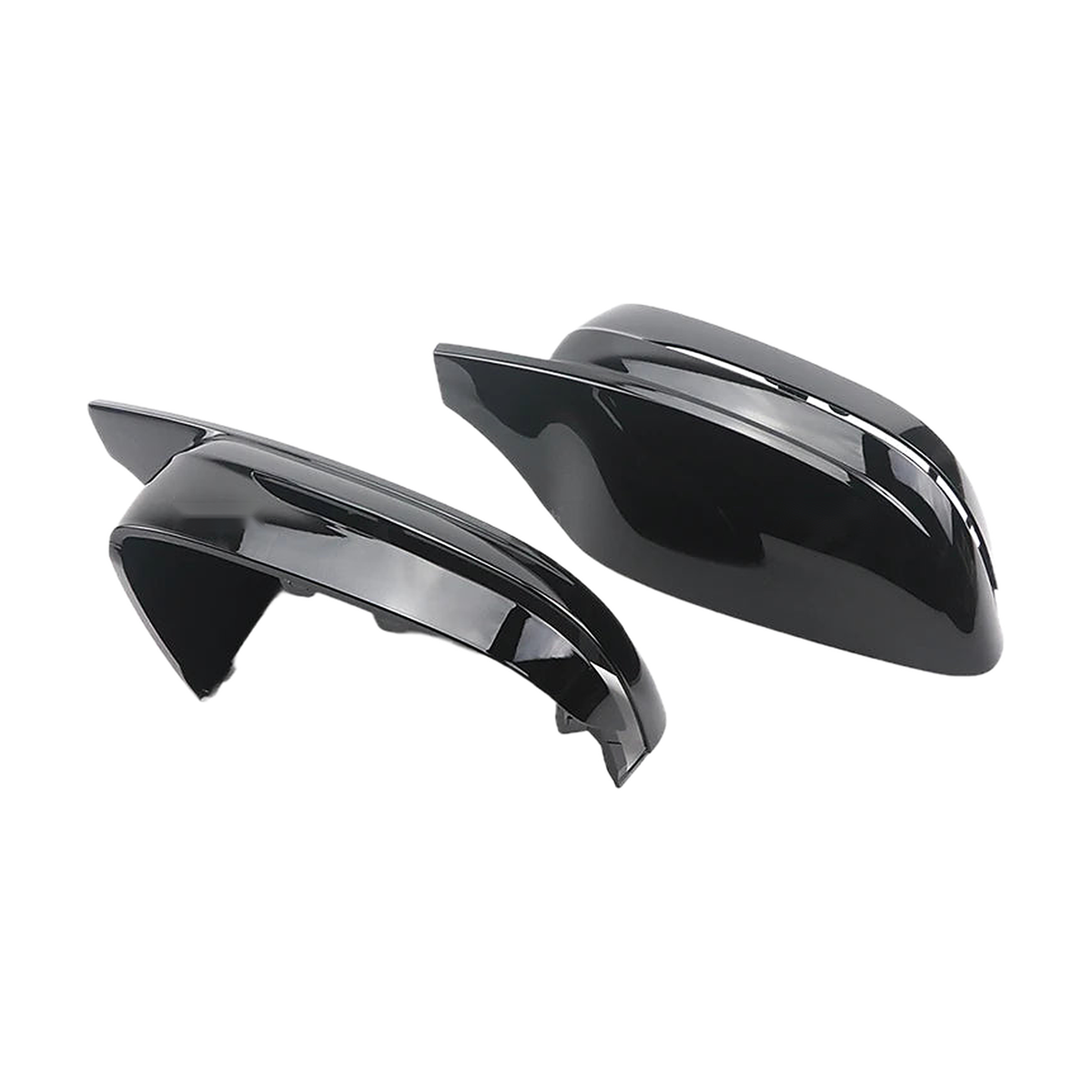 Gloss black mirror caps showing the inner mounting side and the outer shell, for BMW G20 / G22 / G30 / G11