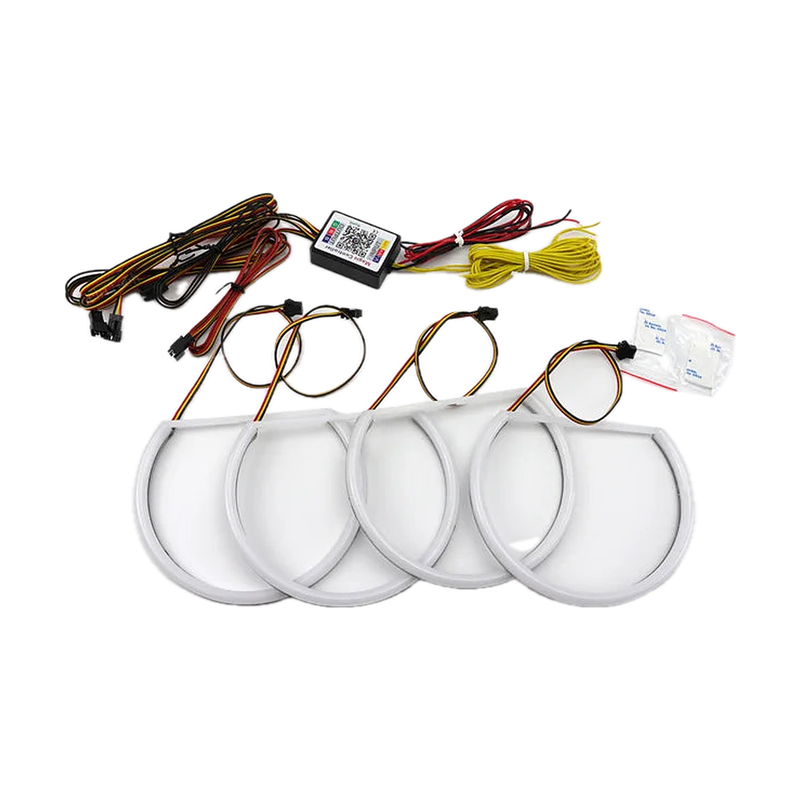 RGBW LED angel eye kit, four 146 mm rings with app controller and wiring harness for BMW E46 / E39 / E38