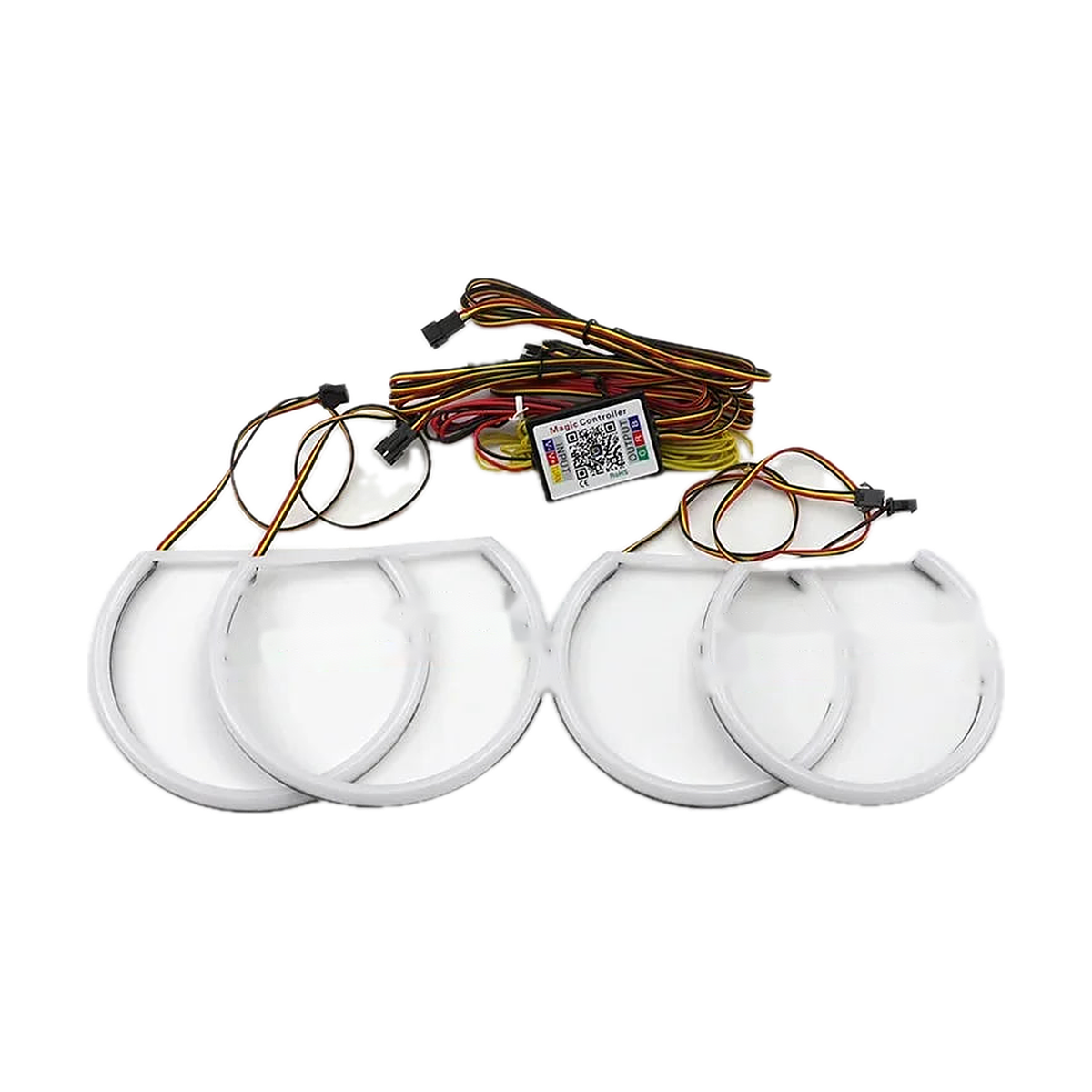 RGBW LED angel eye kit, two 131 mm and two 146 mm rings with app controller and harness for BMW E46 / E39 / E38