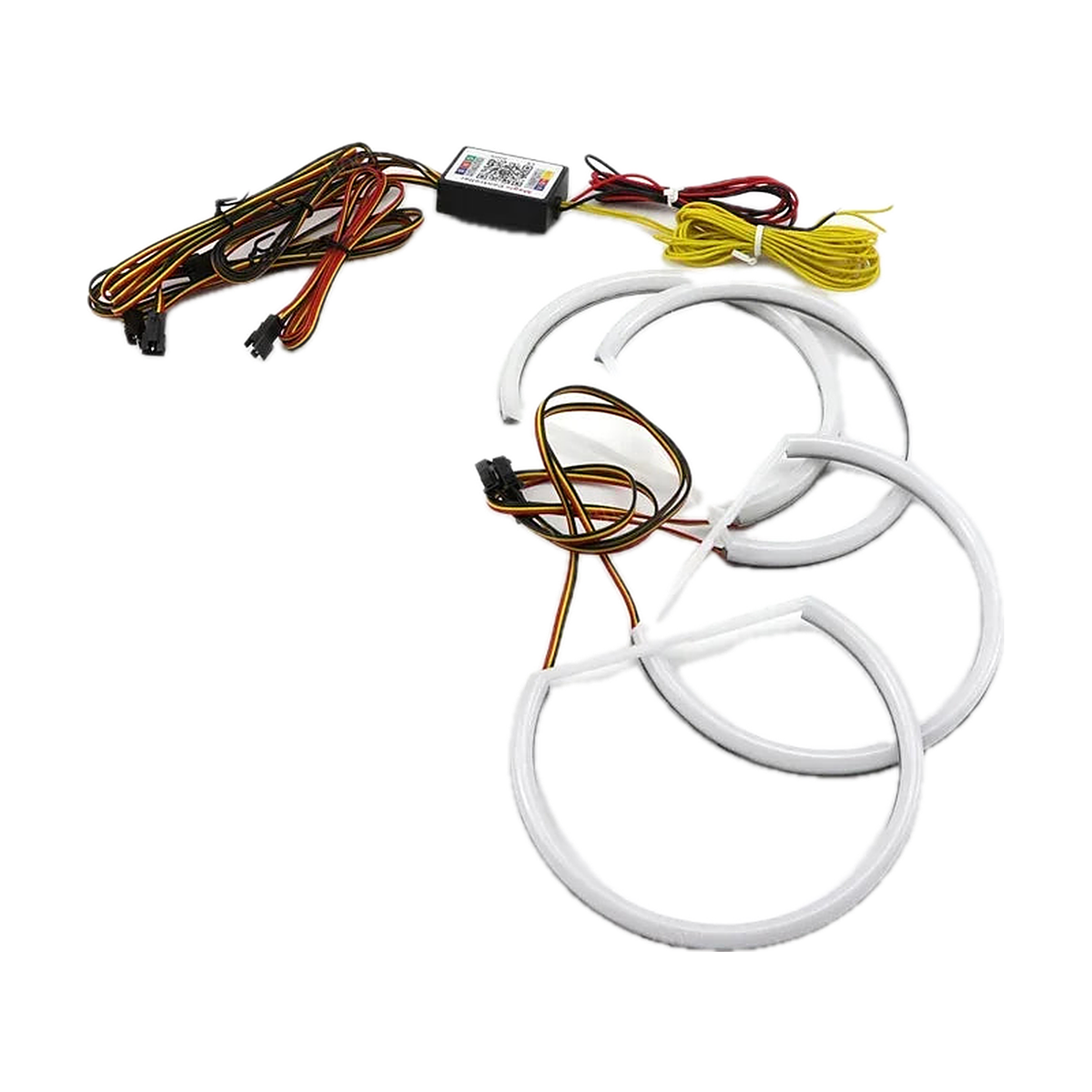 RGBW LED angel eye rings laid out with app controller and turn signal wiring for BMW E46 / E39 / E38