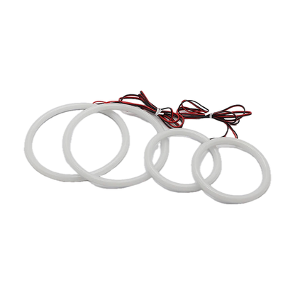 White LED angel eye rings, one large and one small pair with red and black leads, for BMW E46 Coupé 1998 to 2006
