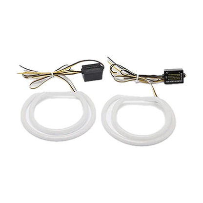 White and yellow LED angel eye rings, two nested pairs each with its own control module, for BMW E46 Compact 1998 to 2006