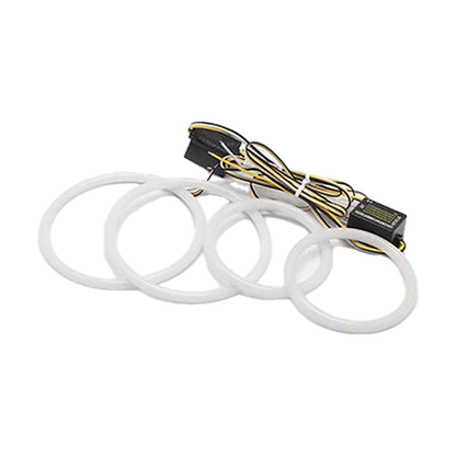White and yellow LED angel eye kit, four rings with both control modules on one harness, for BMW E46 Coupé 1998 to 2006