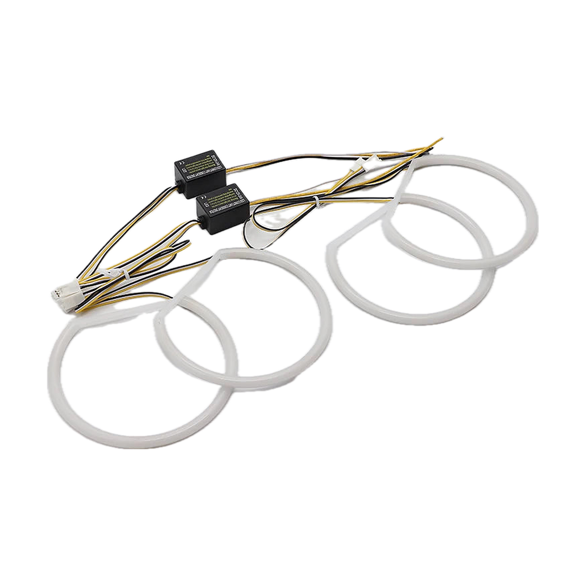 White and yellow LED angel eye kit, four rings with twin control modules and plug, angled view, for BMW E46 1998 to 2006