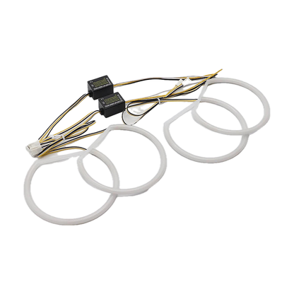 White and yellow LED angel eye kit, four rings with twin control modules and plug, angled view, for BMW E46 1998 to 2006