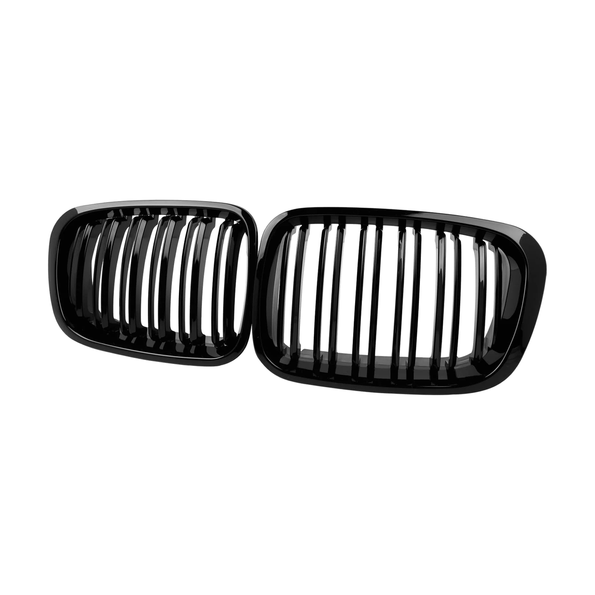 Gloss black double-slat kidney grille pair, angled view, for BMW 3 Series E46 Saloon and 2-Door (1998-2001)