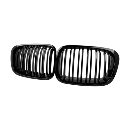 Gloss black double-slat kidney grille pair, angled view, for BMW 3 Series E46 Saloon and 2-Door (1998-2001)