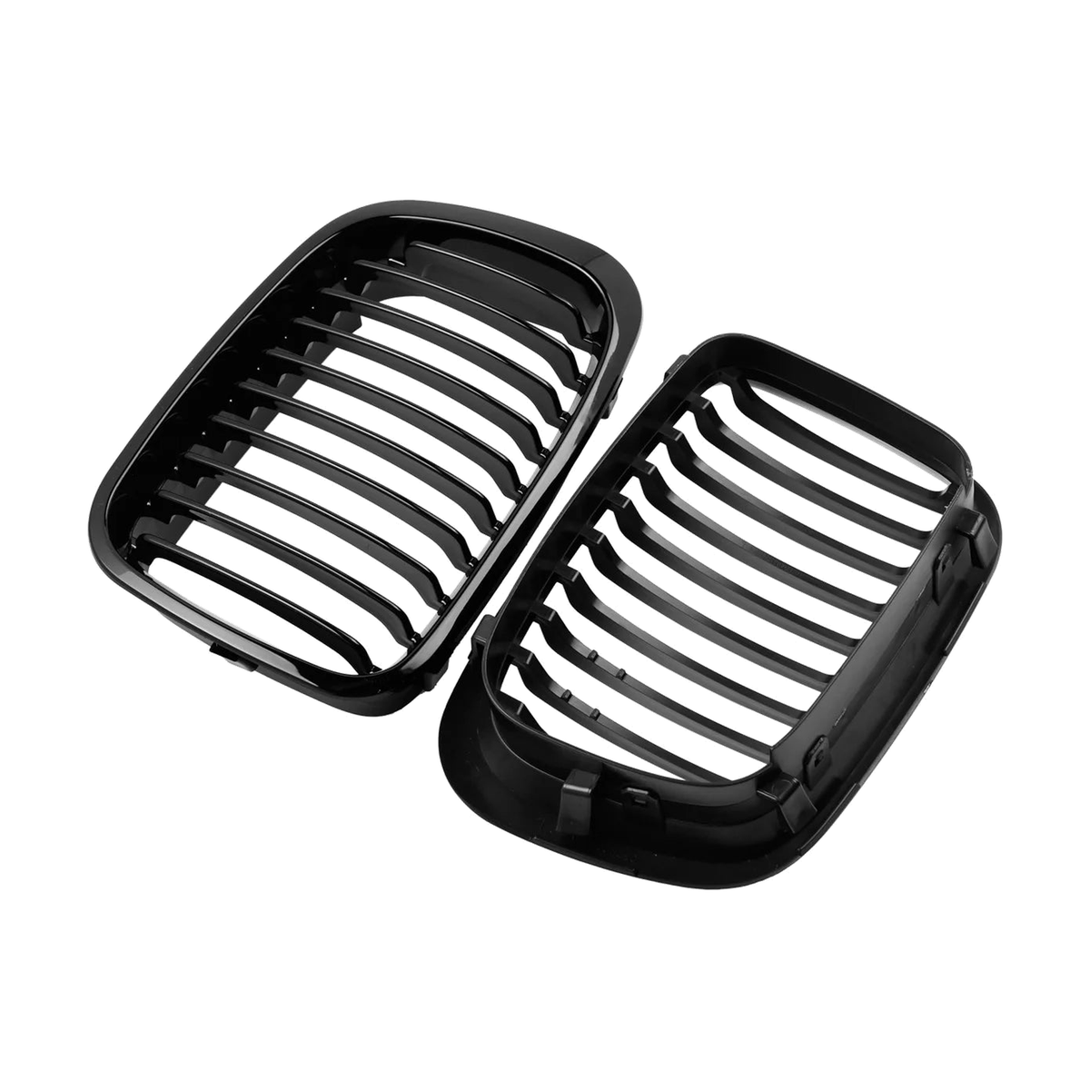 Gloss black single slat kidney grille pair, side angle, for BMW 3 Series E46 Saloon and 2-Door (1998-2001)