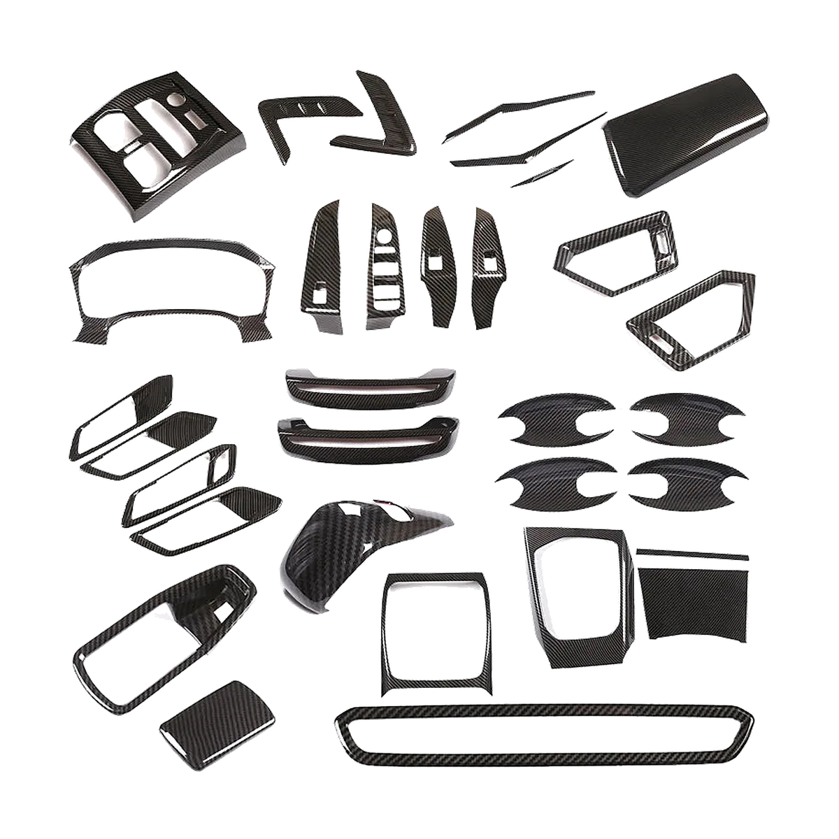 Carbon-look interior trim covers, selection of pieces laid out, for BMW 3 Series G20 LHD 2020-2022