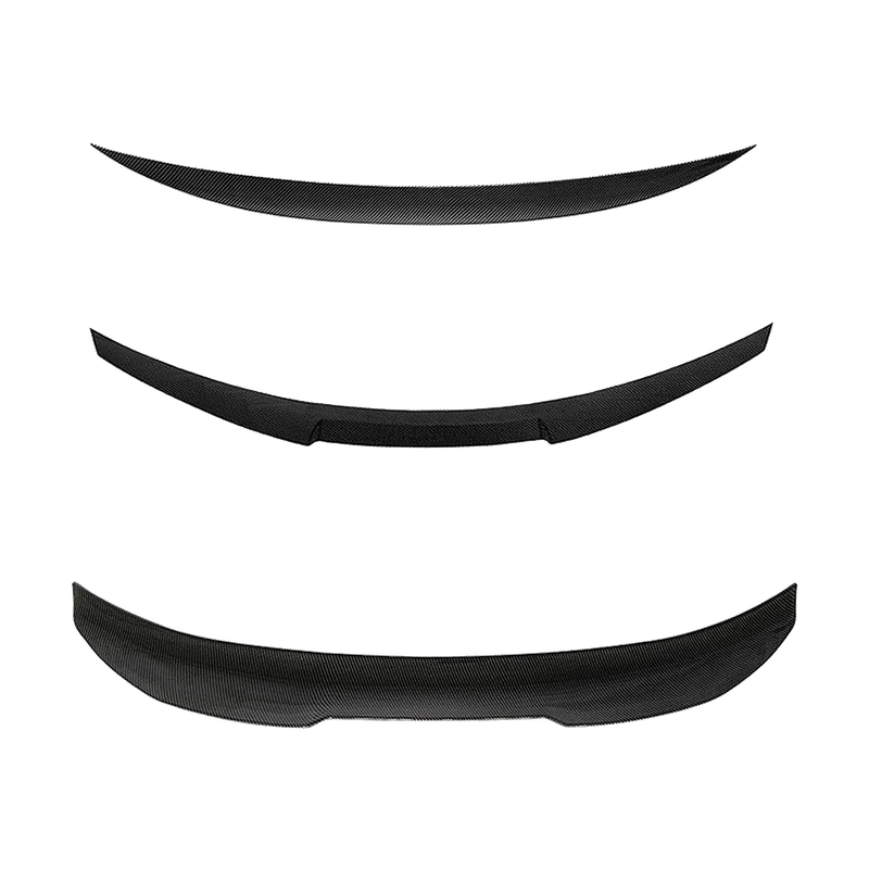 Carbon look boot lip spoilers in MP, M4 and PSM style, top to bottom, for BMW F32 / F33 / F36 4 Series