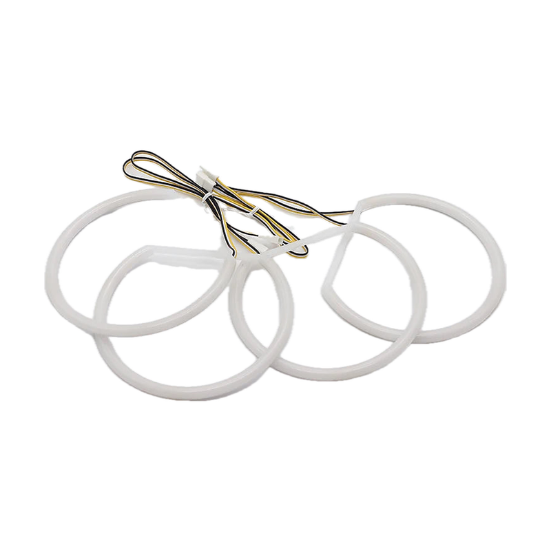 White and yellow dual colour LED angel eye rings, set of 4 with leads, angled view, for BMW E39 5 Series 1997 to 2004