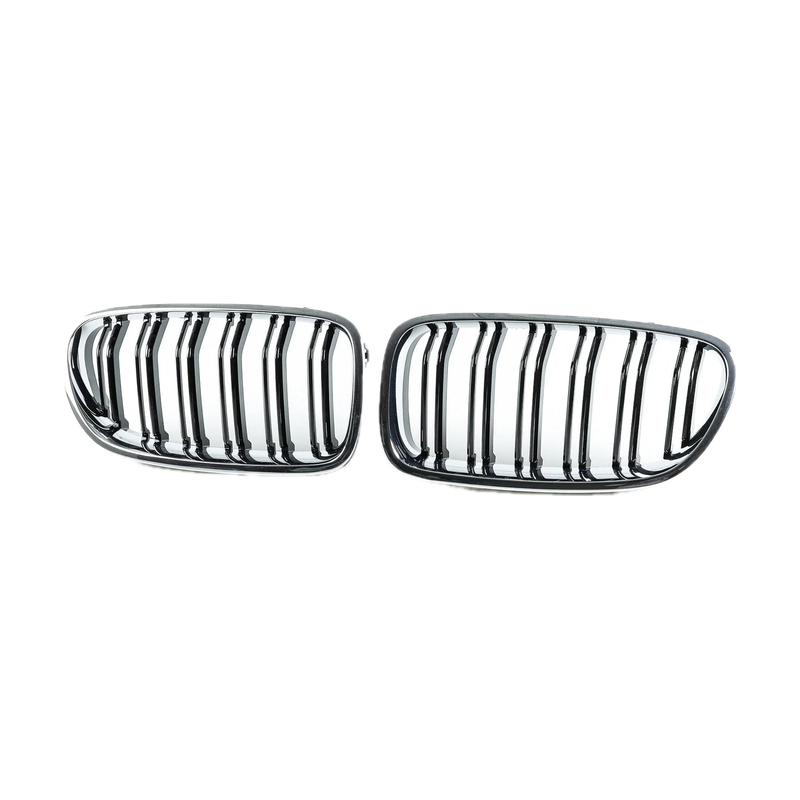 Chrome and black double-line kidney grille pair, front view, for BMW 5 Series F10 / F11 / M5 (2010-2017)