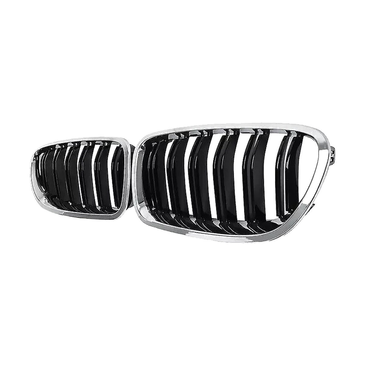Silver and black double-line kidney grille pair, angled view, for BMW 5 Series F10 / F11 / M5 (2010-2017)