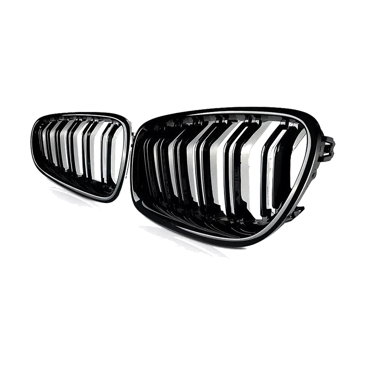 Gloss black double-line kidney grille pair, angled view, for BMW 5 Series F10 / F11 / M5 (2010-2017)