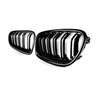 Gloss black double-line kidney grille pair, angled view, for BMW 5 Series F10 / F11 / M5 (2010-2017)