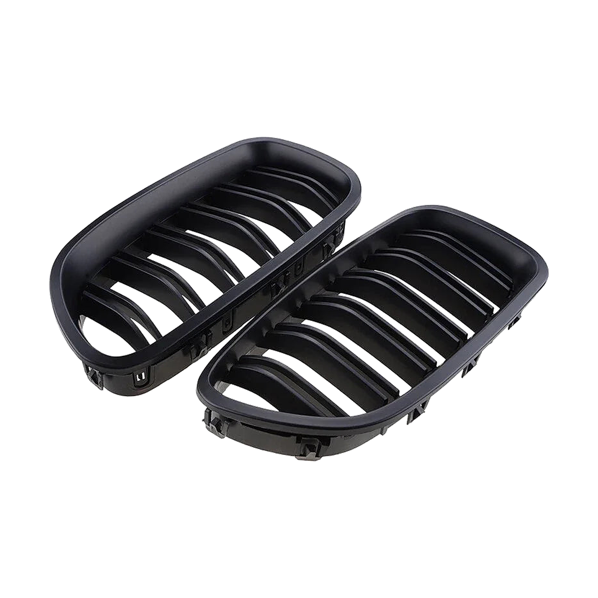 Matte black double-line kidney grille pair, angled view, for BMW 5 Series F10 / F11 / M5 (2010-2017)