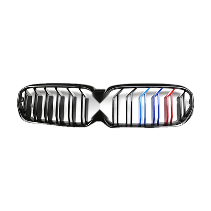 Gloss black double slat kidney grille with tricolour stripe accent, for BMW 5 Series G30, G31, G38, M5 F90 LCI 2020 2023
