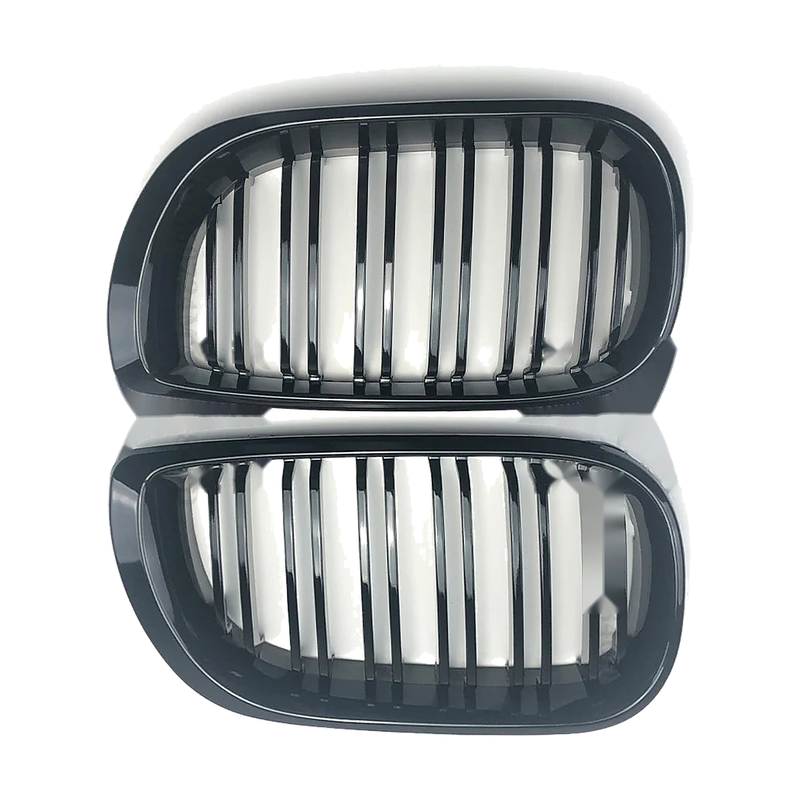 Glossy black double-slat kidney grille pair, front view, for BMW 3 Series E46 saloon facelift (2002-2005)