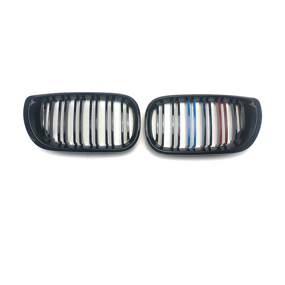 Kidney grille pair with M-style tri-colour stripe accents for BMW 3 Series E46 4 door saloon facelift (2002-2005)