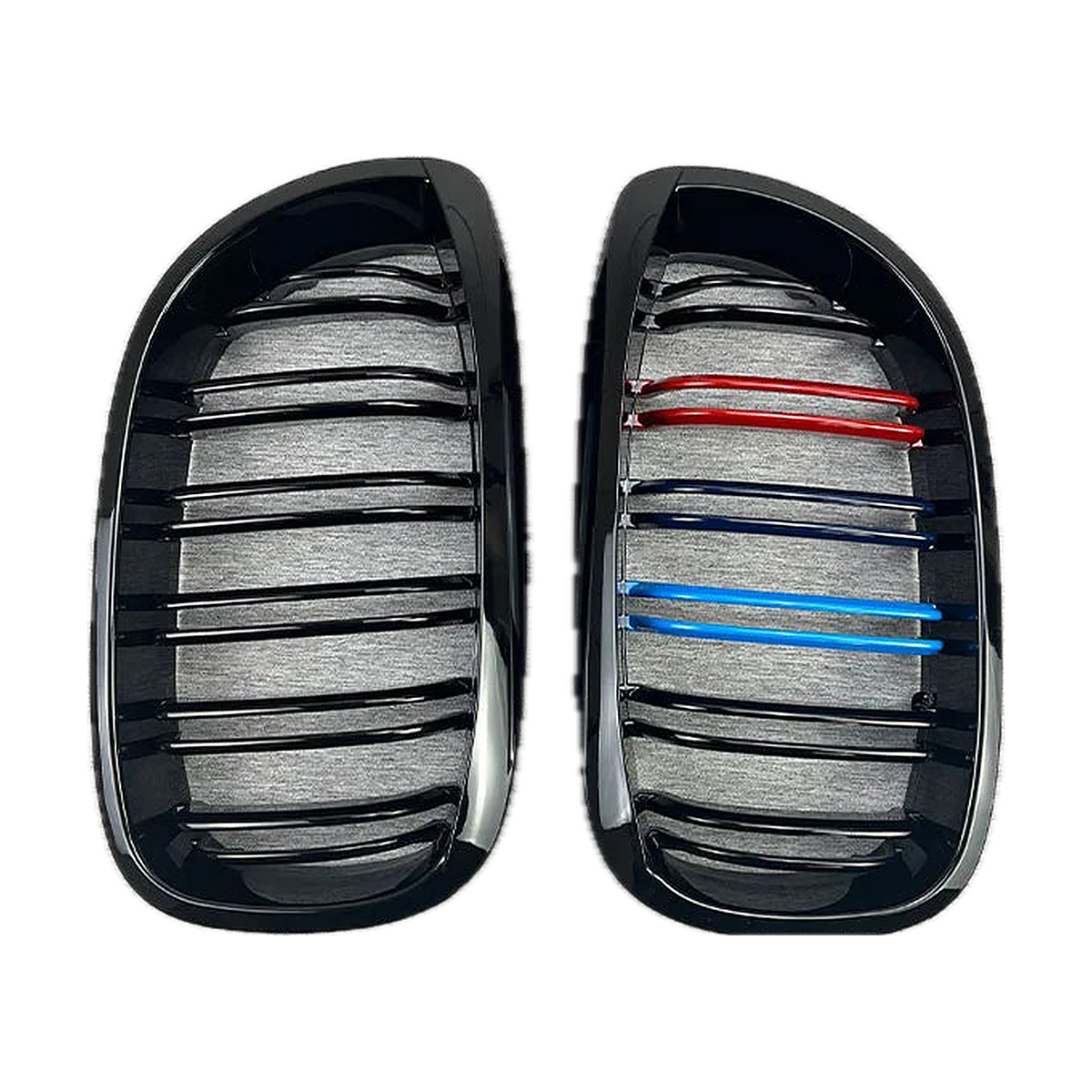 Kidney grille pair with M-style tri-colour stripe accents for BMW 3 Series E46 2 door coupe facelift (2002-2005)