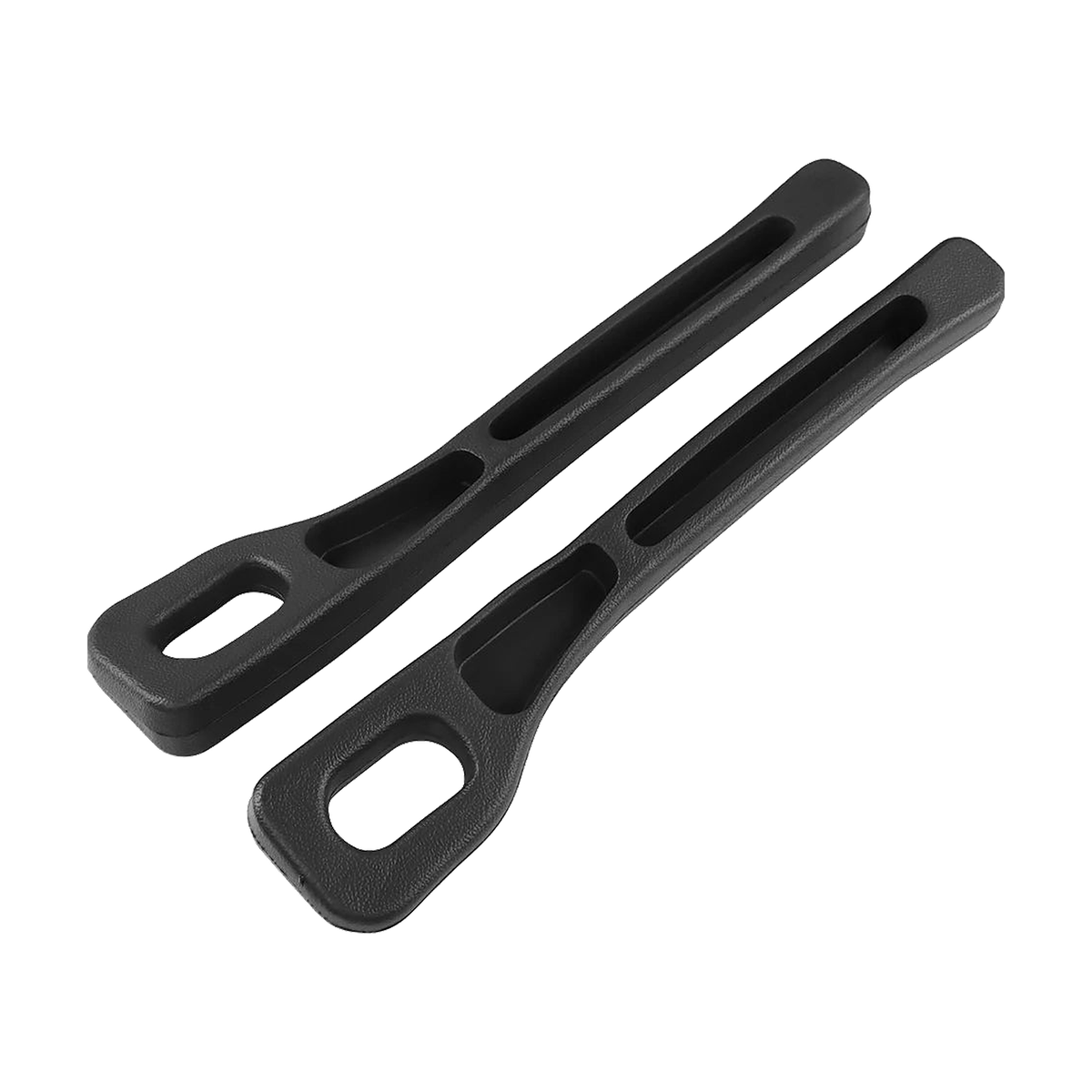 Black front seat gap filler pair, angled view, universal fit for BMW