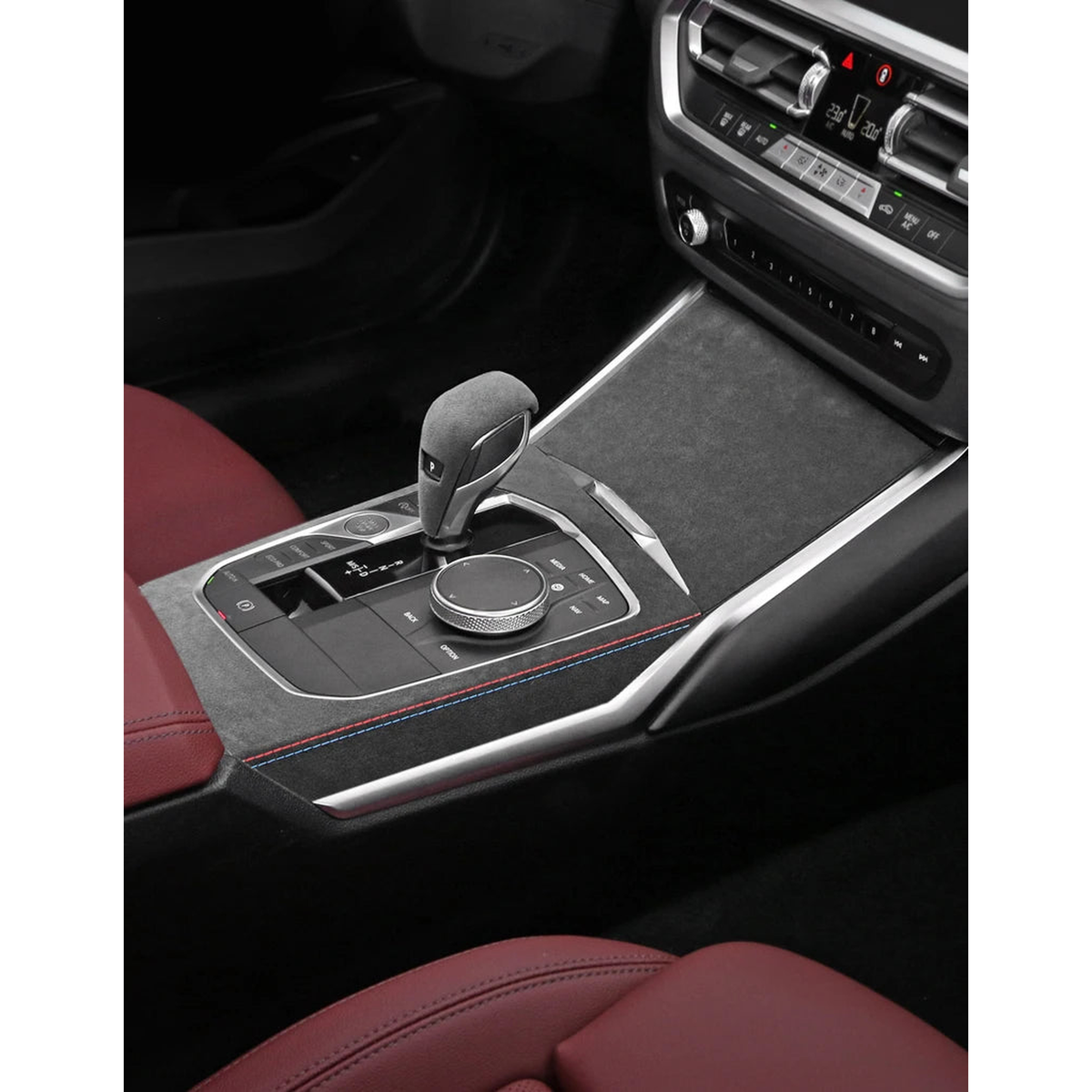 Alcantara gear shift panel cover installed in BMW center console, for BMW G20 / G28 / G23 / G42