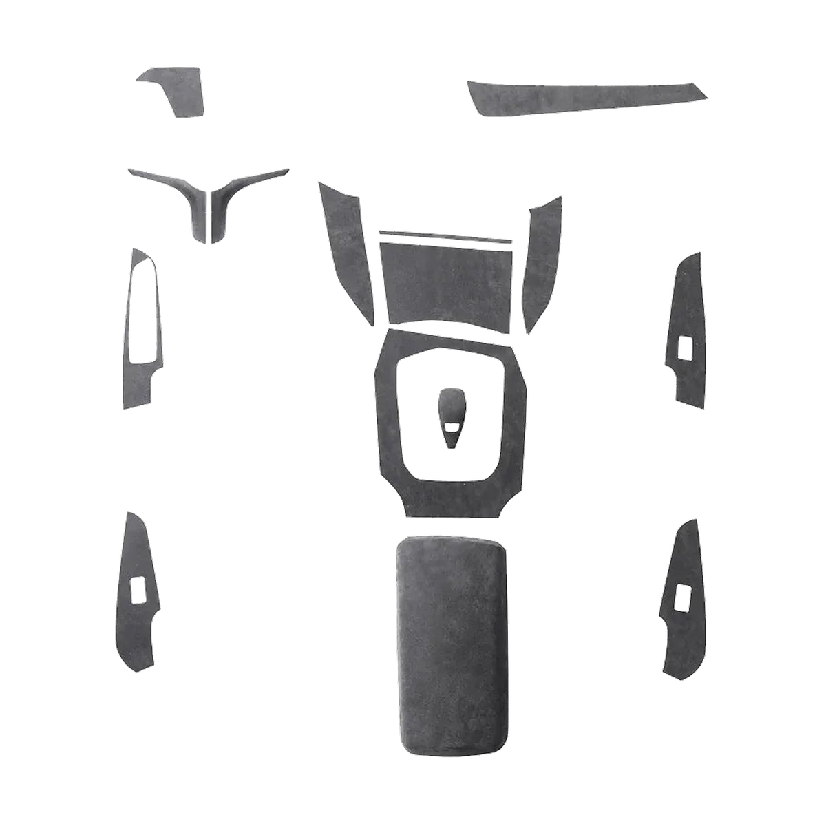 Complete 15 piece suede interior trim cover set laid flat, for BMW G20 / G28 / G23