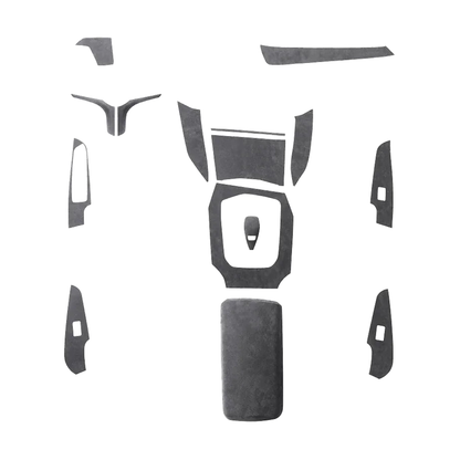 Complete 15 piece suede interior trim cover set laid flat, for BMW G20 / G28 / G23