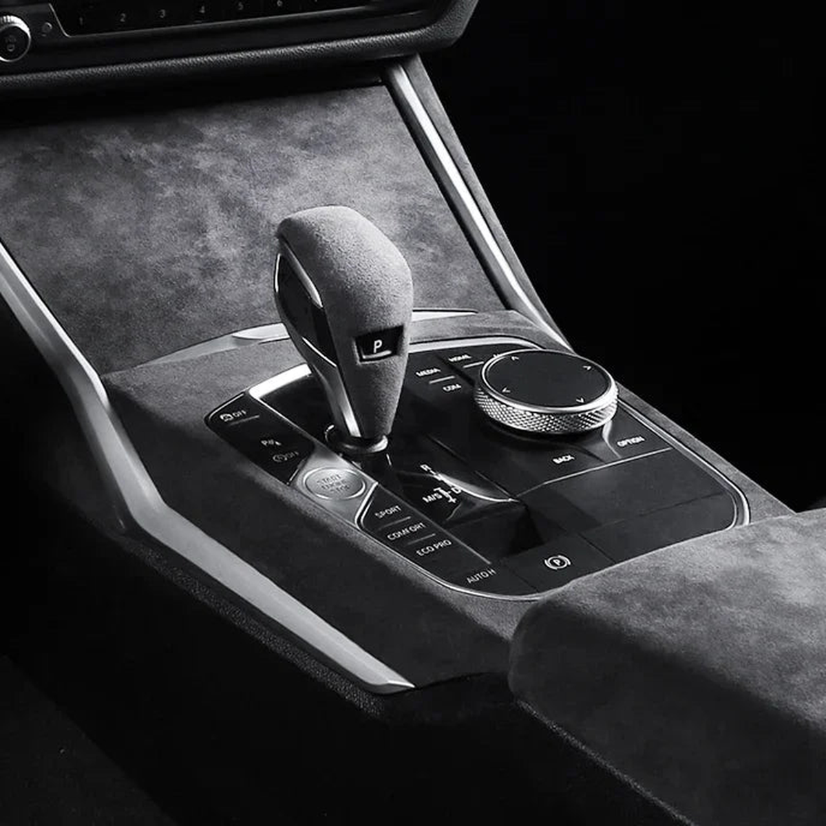 Suede centre console, gear knob and armrest covers fitted in the car, for BMW G20 / G28 / G23