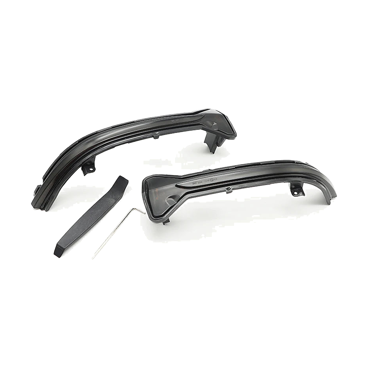 Smoked sequential LED mirror indicator pair with pry tool and hex key for BMW G20 / G30 / G11, angled view