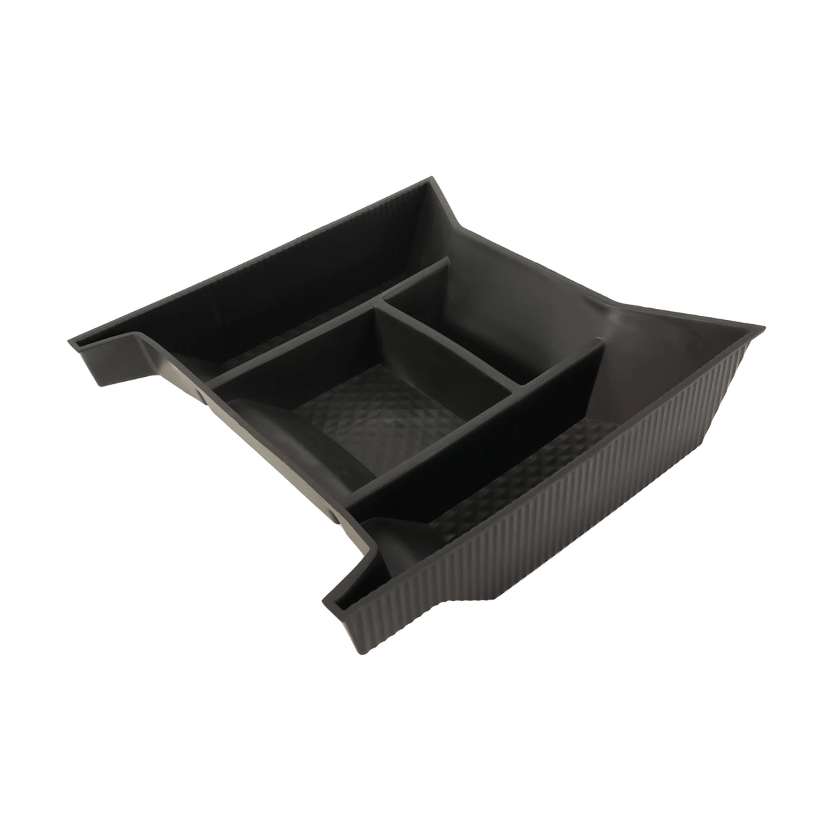 Black center console floor organizer tray, angled view, for BMW iX (2022-2026)
