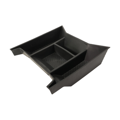 Black center console floor organizer tray, angled view, for BMW iX (2022-2026)