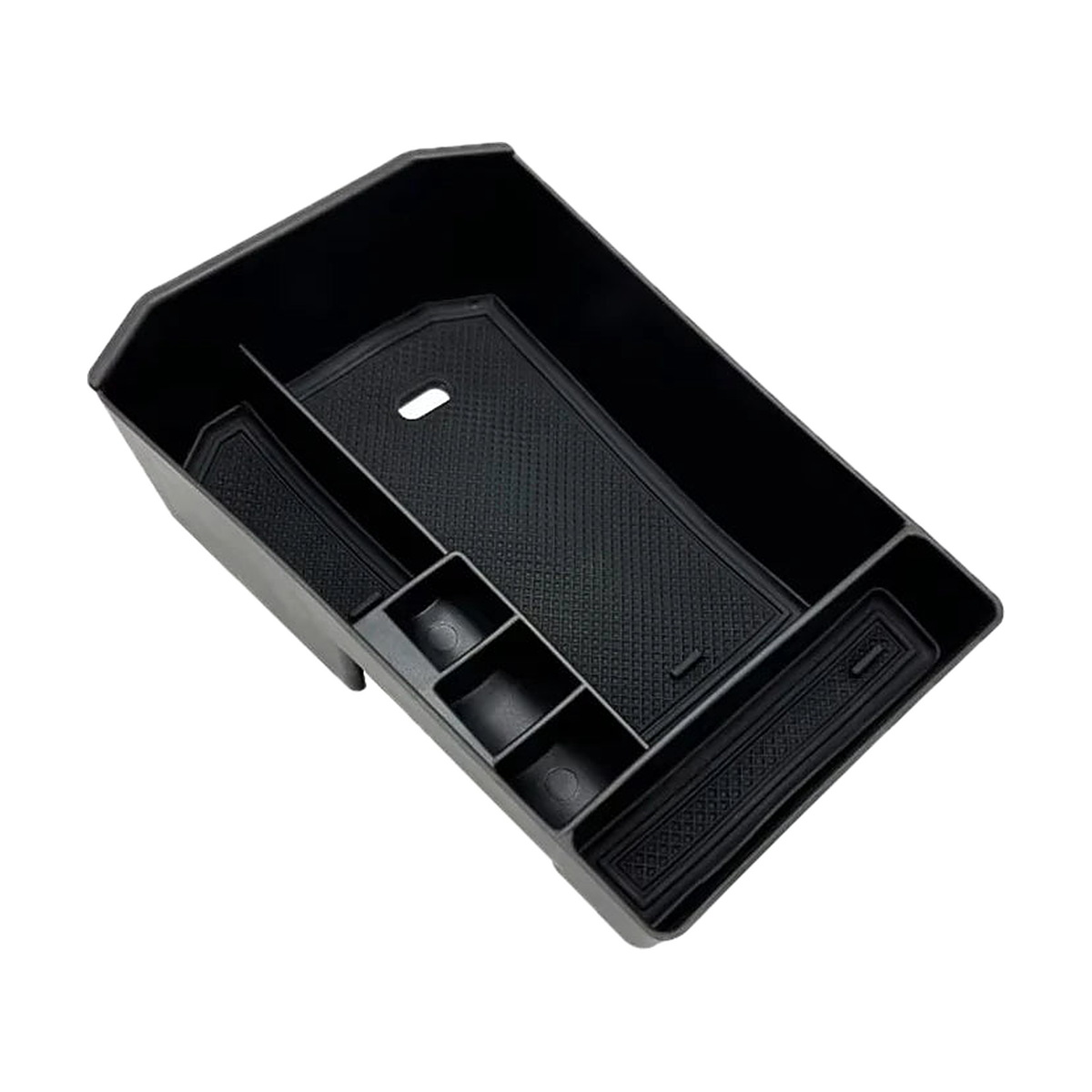 Black center console armrest storage box organizer, angled view, for BMW iX (2023-2024)