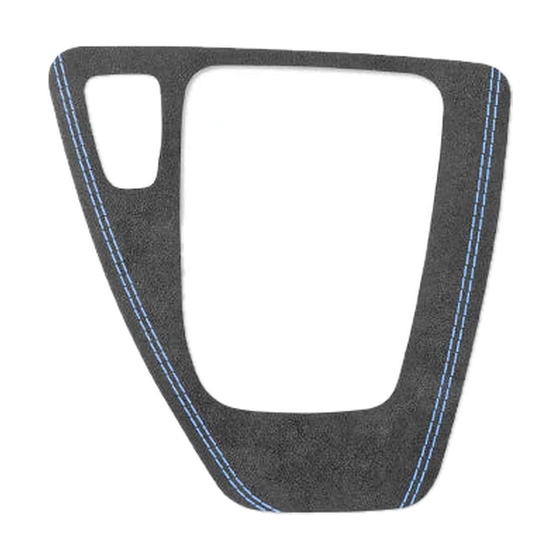 Black Alcantara gear selector panel trim with blue stitching, left hand drive shape, for BMW E90 / E92 / E93