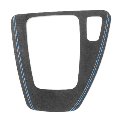 Black Alcantara gear selector panel trim with blue stitching, right hand drive shape, for BMW E90 / E92 / E93