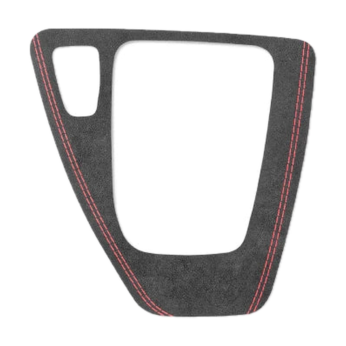 Black Alcantara gear selector panel trim with red stitching, left hand drive shape, for BMW E90 / E92 / E93