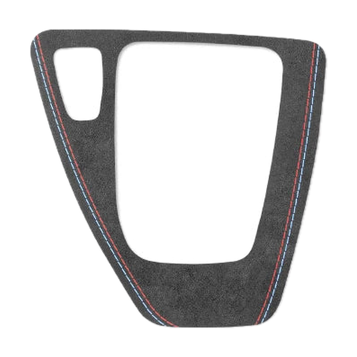 Black Alcantara gear panel trim with red and blue stitching, left hand drive shape, for BMW E90 / E92 / E93