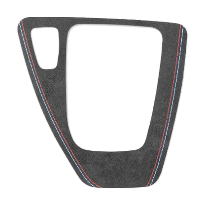 Black Alcantara gear panel trim with red and blue stitching, left hand drive shape, for BMW E90 / E92 / E93