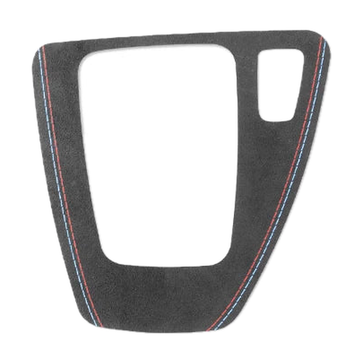 Black Alcantara gear panel trim with red and blue stitching, right hand drive shape, for BMW E90 / E92 / E93