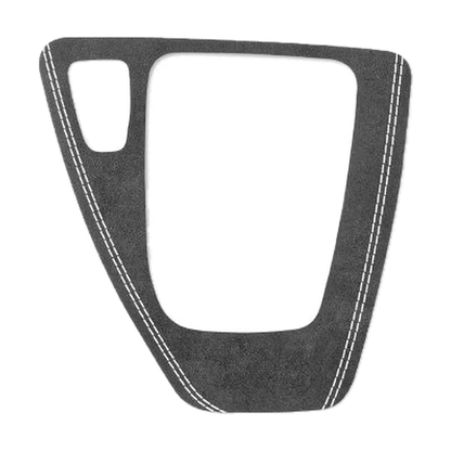 Black Alcantara gear selector panel trim with white stitching, left hand drive shape, for BMW E90 / E92 / E93