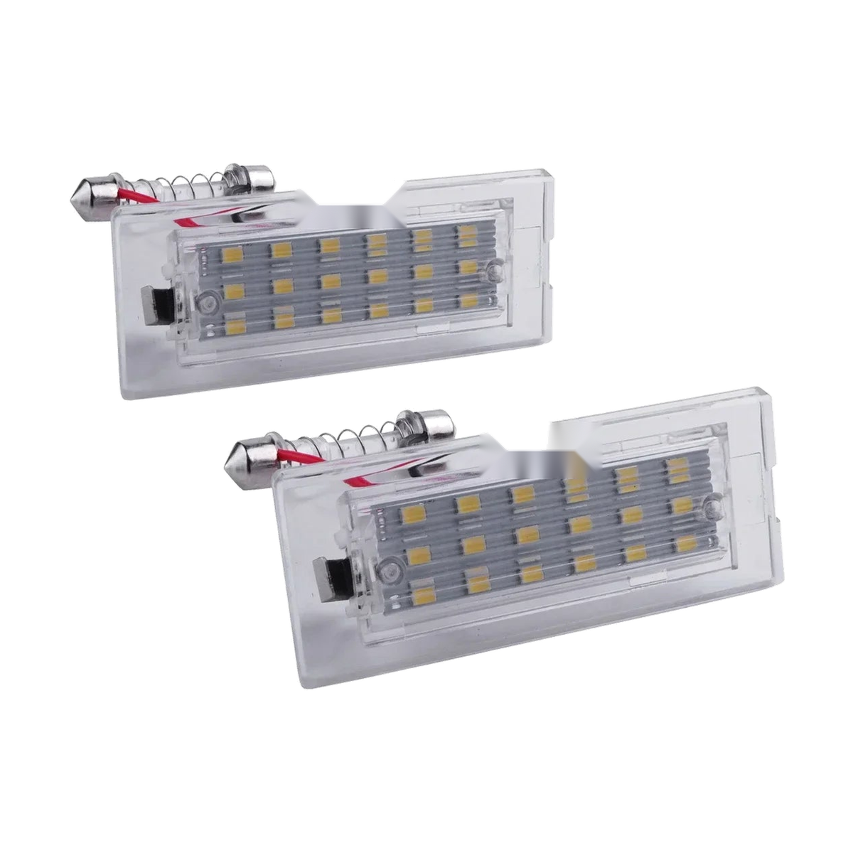 Pair of clear white LED canbus license plate lights, angled view, for BMW E83 / E53