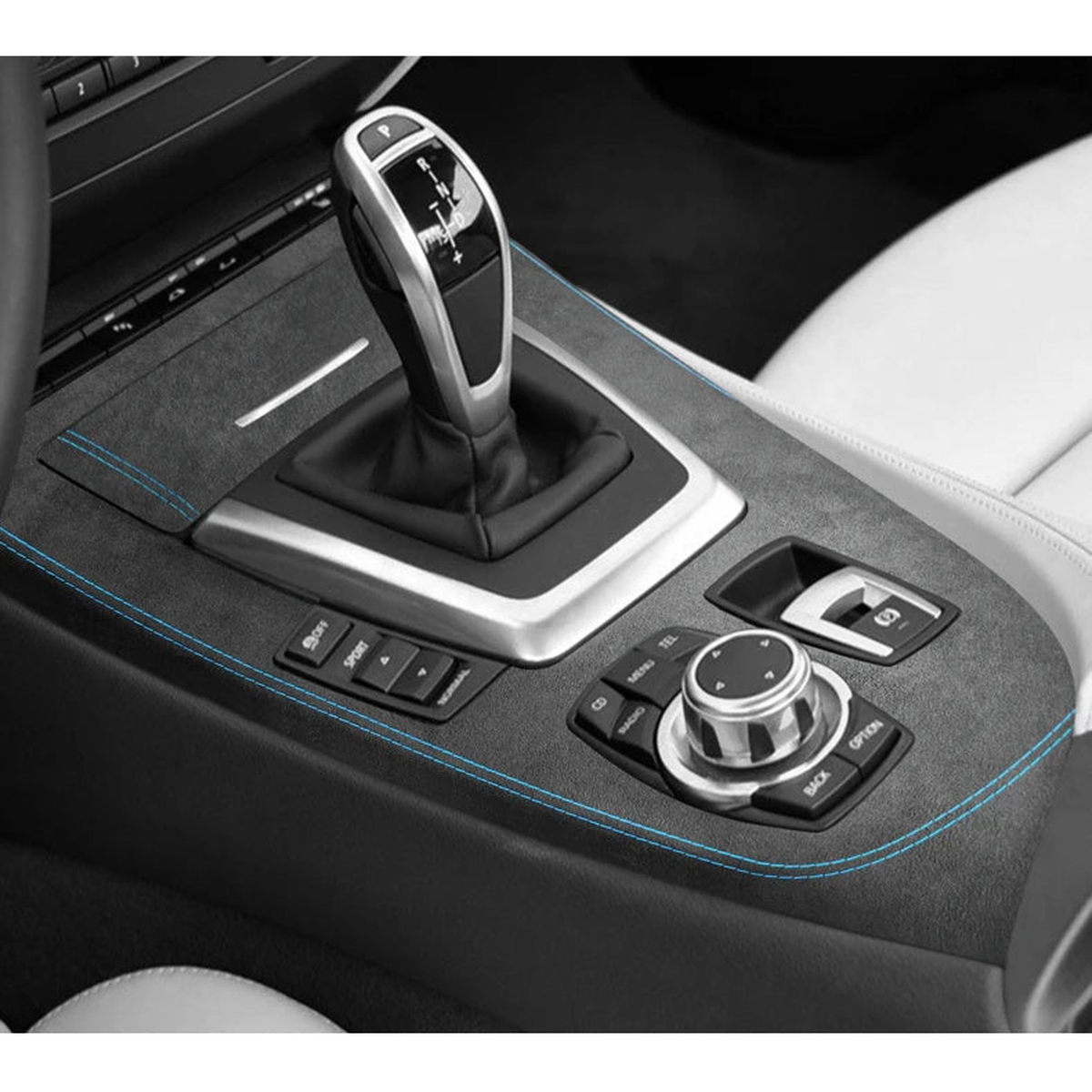 Alcantara gear shift panel trim installed in the center console, for BMW Z4 E89 (2009-2016)