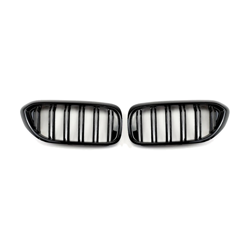 Gloss black double-slat kidney grille pair, front view, for BMW 5 Series G30 / G31