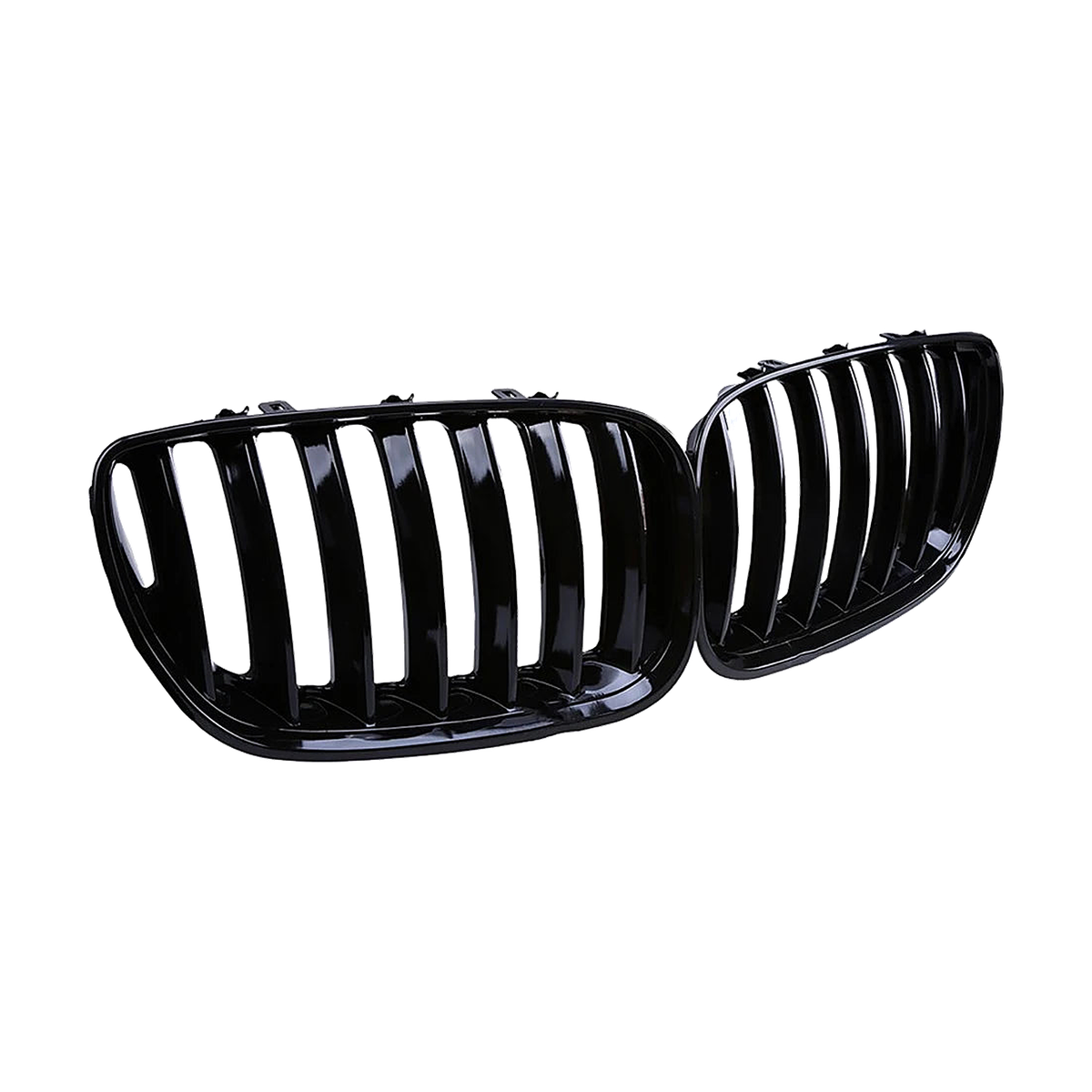 Gloss black kidney grille pair for BMW X5 E53 LCI (2004-2006), angled view