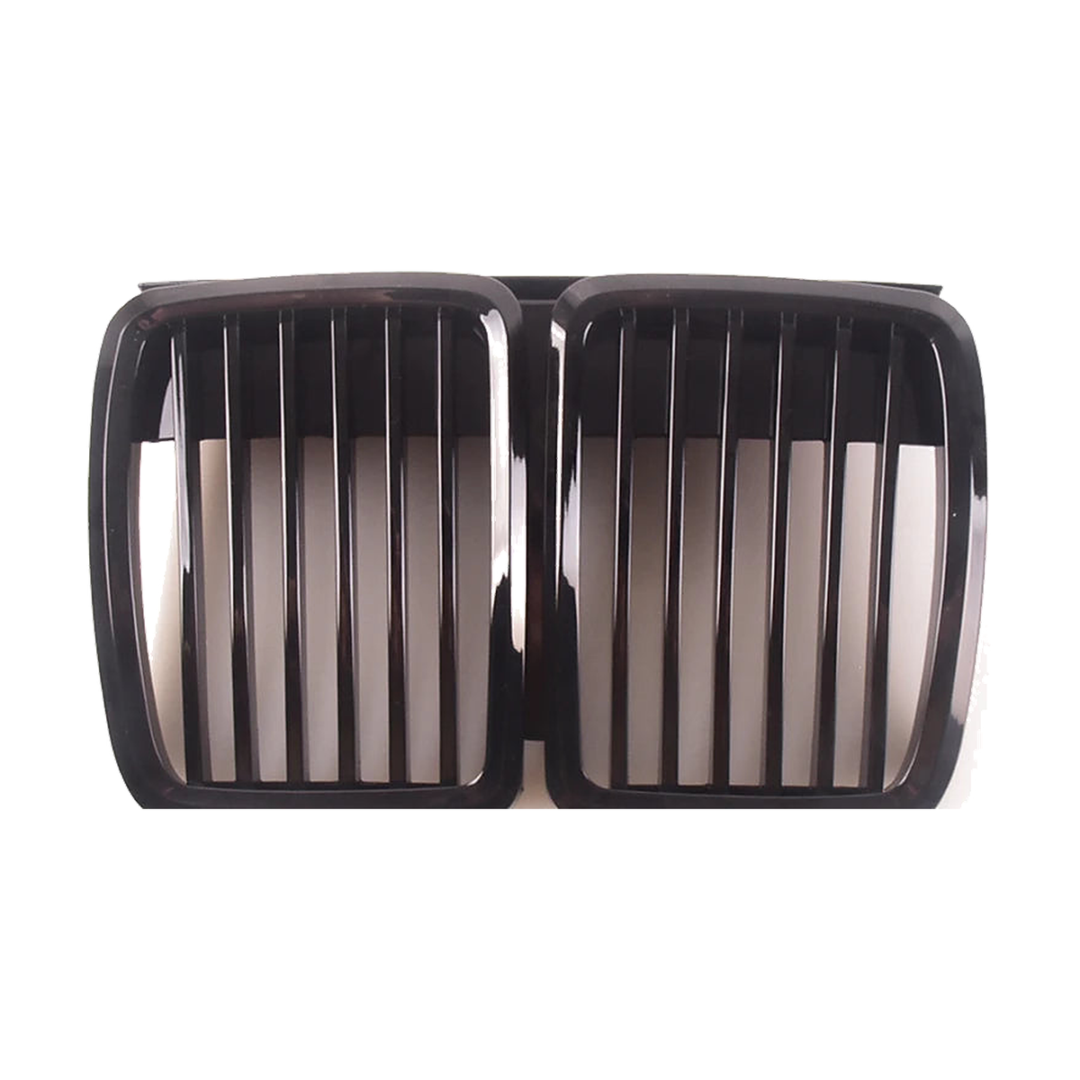 Gloss black dual-slat front kidney grille pair, front view, for BMW E30 (1983-1991)