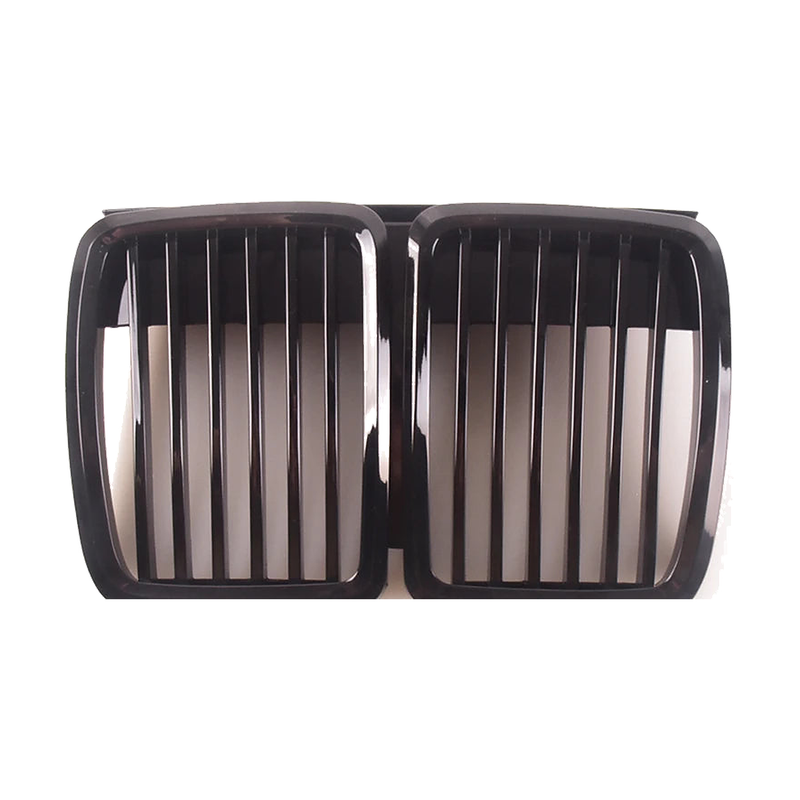 Gloss black dual-slat front kidney grille pair, front view, for BMW E30 (1983-1991)